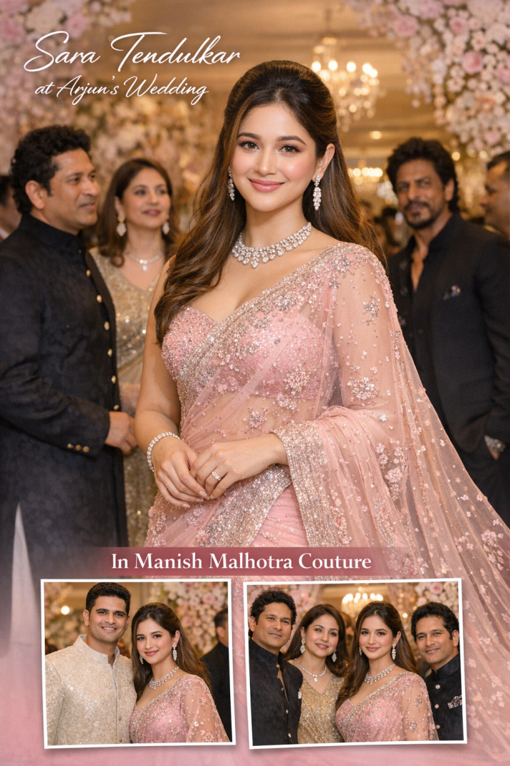 Sara Tendulkar Turns Heads in a Pink Manish Malhotra Saree for Arjun Tendulkar’s Wedding